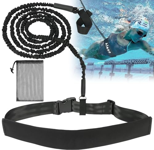 Alaoo Swimming Training Belt, Swimming Belts with Extension Strap and Elastic Cord, Swim Training Belt Equipped Adjustable 2.5–7.5m with Storage Mesh Bag for Kids Adults or Fitness Enthusiasts, Black