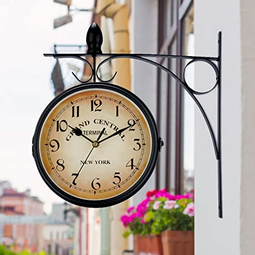 Gran Reloj de estación Retro de Doble Cara, Estilo Antigua Estación Tren, Vintage de Estación con Soporte de Pared para Interior y Exterior, casa, terraza, jardín, Cocina,Diámetro 25 cm(01)