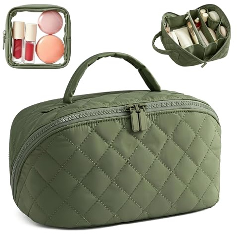Sminkväska dam, makeup-väska med 180° öppning och fack arrangör, stor kapacitet necessär och sminkväska för resor, grön