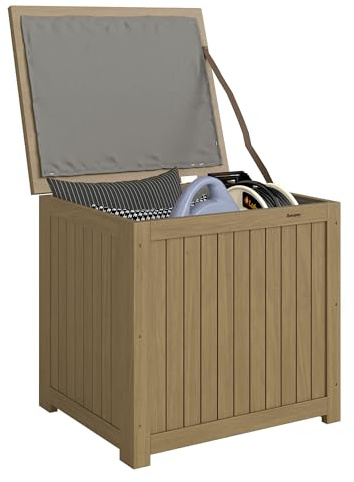 Outsunny Coffre de Rangement en Bois Massif 130L - Boîte de Jardin avec Doublure Amovible - Banc de Rangement pour Coussins et Outils sur Terrasse Balcon 63x51x58,5cm, Brun