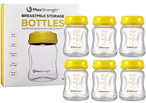 Max Strength Pro Breastmilk Bottles 6pc Set with Leak Proof Lids, 6.oz 180ml Reusable Wide Neck Bottles Best for Breast Milk Collection & Storage Solution, BPA Free, Freezer Safe & Dishwasher Safe