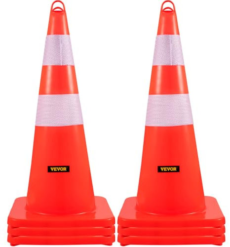 VEVOR Cône Signalisation Réfléchissant 73 cm, Plot de Chantier en PVC, Cône de Sécurité avec Base Lestée et Anneau Portatif pour Délimitation Stationnement d’Urgence en Route Parking, Orange et Argent