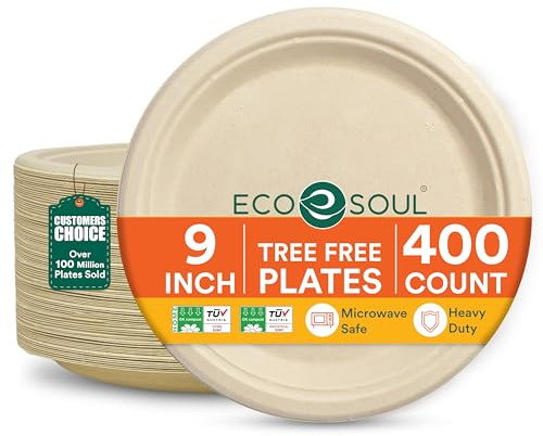ECO SOUL Paper Plates (23Cm) 9 Disposable Plates - Natural (400-Pack)