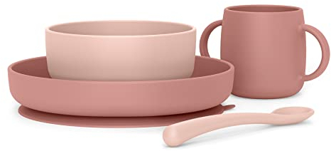 Suavinex, Vajilla para Bebé de Silicona, con Ventosa Resistente. Incluye: Bol de 350 ml + Plato de 400 ml + Taza 240 ml + Cuchara, +4 Meses. Colour Essence, Rosa