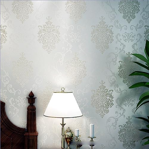 HimYKEA European Style 3D Damask Pearl Powder Living Room Bedroom Hotel Non-Woven Wallpaper Roll Non-Pasted Cream White Colour 1.73'W x 32.8'L