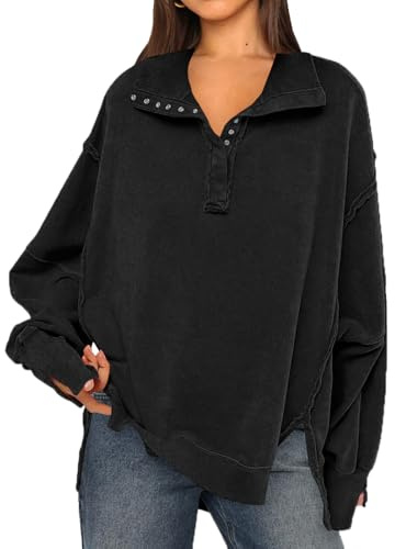 OLIPHEE Felpe Senza Cappuccio da Donna Sweatshirt Donna Oversize con Revers Casual Felpa Donna a Maniche Lunghe con Scollo a V e Bottoni Autunno Inverno Tops in Tinta Unita Vintage Y2K Anero S