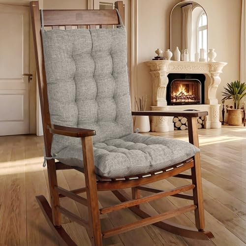 OVOV Non-Slip Rocking Chair Cushion Extra Large Chair Pads with High Back Linen Cushion for Rocking Chair Set of 2 Grey