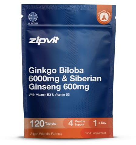 Zipvit Ginkgo Biloba 6000mg & Siberian Ginseng 600mg with Vitamin B3 & B5 | Supports Energy & Mental Performance - 120 Tablets - 4 Months Supply - Vegan