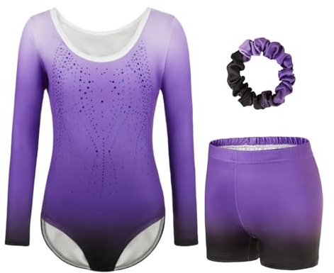 Girls' Gymnastics Leotards LongSleeves Set -Three-Piece for Long Sleeves Leotard, Shorts & Hairband Gradient Color Ballet Unitard Outfit for Ages 5-12 Dancers (PURPLE-2, Tag 12A(11-12 Years))