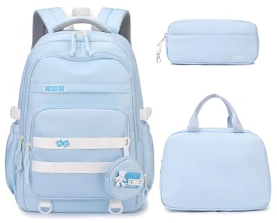 Amythe Cartable Fille Primaire & Collège - Set de 3 Pièces Sac à Dos Scolaire Fille avec Sac Repas & Trousse - Sac D'école Voyage Léger pour Enfants 9-16 Ans - Rentrée/Noël, Bleu