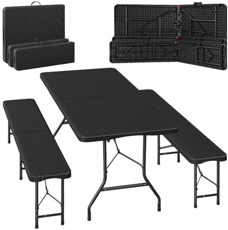 WOLTU Juego Tienda de Cerveza, Mesa Camping y 2 Bancos Plegables, HDPE Resistente a Intemperie, Marco Duradero de Metal, Conjunto para Jardin Cervecería Exterior de 3 Piezas, Aspecto de Ratán, Negro