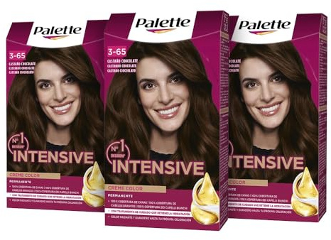 Palette Intensive Creme Color 3-65 Castaño Chocolate, tinte permanente con aceite de macadamia y almendras, cubre el 100% de las canas y raíces, para un pelo radiante, Pack 3