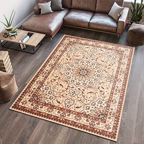 TAPISO Atlas Teppich Kurzflor Beige Creme Braun Traditionell Klassisch Orientteppich Floral Orient Mäander Wohnzimmer Schlafzimmer ÖKOTEX 200 x 300 cm