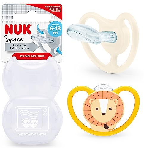 NUK Space Tetine pour bébé - 6-18 mois - Sucettes avec ouvertures extra-larges pour les peaux sensibles - Silicone sans BPA - Lion - Lot de 2