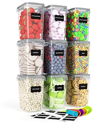 Tiawudi Airtight Food Storage Containers 9 Pieces 1.5qt / 1.6L- Kitchen Pantry Organization Containers, Plastic Canister for Flour, Sugar and Baking Supplies, With Labels and Measuring Spoons