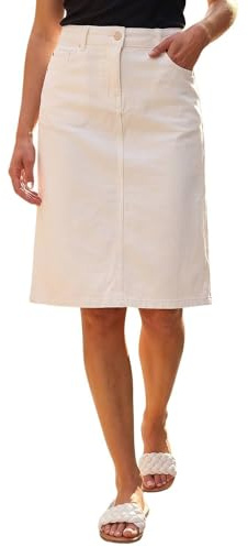 Roman Originals Denim Skirt with Pockets for Women UK - Ladies Jean Skirts Cotton Stretch Mid Wash Fitted A Line Casual Smart Work Office Knee Length Flattering Slimming - White - Size 14