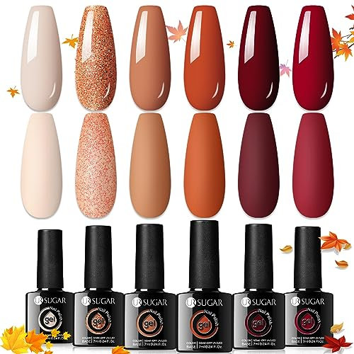 UR SUGAR Gel Nail Polish Set, 6 Colours Autumn Winter Gel Nail Polish Nude Caramel Pumpkin Burgundy Red Orange Glitter Halloween Christmas Gifts for Women Soak off Manicure Kit