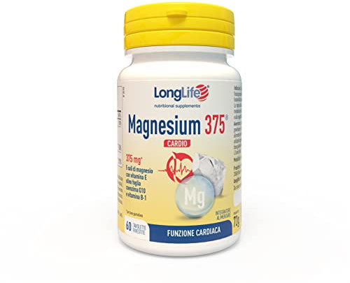 LongLife Magnesium 375® Cardio | 5 sali di magnesio ad alta biodisponibilità | Vitamina E, estratto di olivo foglia, Co En Q10 e vitamina B-1 | Funzionalità cardiaca | Vegano e senza glutine