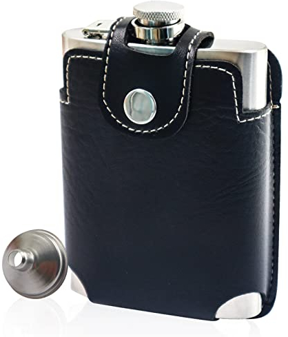 LELE LIFE Fiaschetta da 230 ml con custodia in pelle da cintura, facile da trasportare, fiaschetta per liquori, a prova di perdite, con piccolo imbuto, in acciaio inox 18/8 304