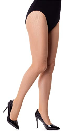 NOQ Medias de malla para mujer con red de cabaret, medias de malla fina con diamantes pequeños, Classique Beige, S