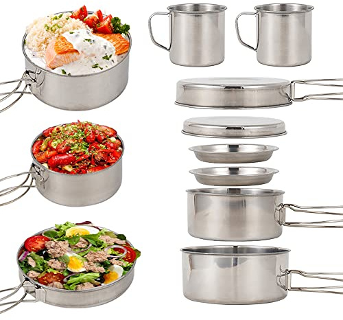Lixada Kitchen Set Pot Set, Camping Cookware Tableware Set 8 Pieces of Stainless Steel Cookware, Non-Slip and Scalding, Suitable for Kids Camping, Hiking, Outdoor Cooking, with Non-Slip Handle