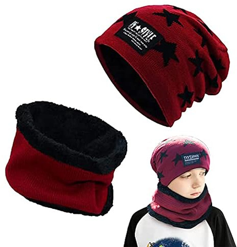 Amebleak Ensemble Echarpe Bonnet Enfants Tricotés Hiver Bonnet Beanie Bonnet Chapeaux d'hiver Chauds Bonnet Chapeau Tour de Cou Doublure Polaire Tricoté Nsemble Epais 5-14 Ans Garçons Filles - rouge