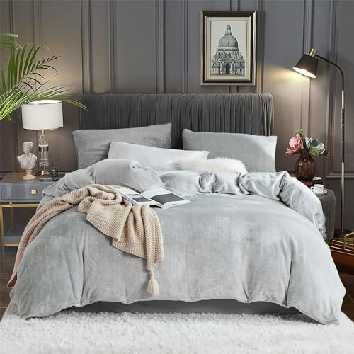 YASMENG Fluffy Velvet Duvet Cover Set Light Grey King Size Fall Winter Soft Warm Flannel Comforter Cover Silver Gray 104 x 90 Luxury Cozy Plush Fleece Reversible Bedding Duvet Cover Set Gray 3pcs