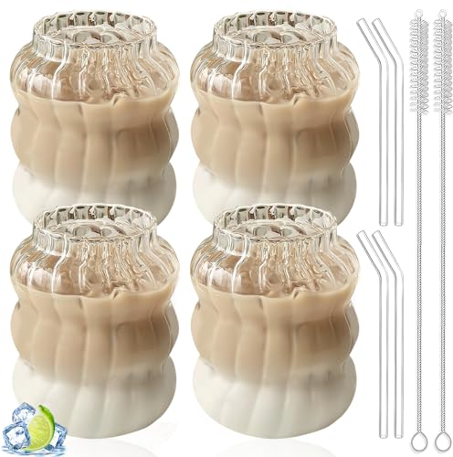 YIDM Lot de 4 tasses à café en verre transparent glacé avec 4 pailles + 2 brosses à paille, verres ondulés, verres à dessert, verre à thé ondulé, pour thé, lait, whisky (530 ml)