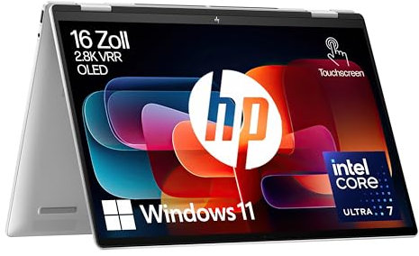 HP Envy x360 2-in-1 Convertible Laptop PC | Intel Core Ultra 7 155U | KI optimiert | 16” OLED Touchscreen | 16GB RAM | 1TB SSD | Integrierte Intel Grafikkarte | Windows11 | QWERTZ Copilot Key | Silber
