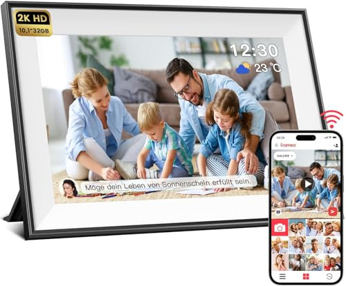 2K HD Digitaler Bilderrahmen WLAN, 10,1 Zoll 32 GB LED Bilderrahmen mit IPS-Touchscreen & Kalender Wetter, Auto-Rotat Digital Frame, Teilen Sie Fotos und Videos mit Ton Sofort über FRAMEO von überall