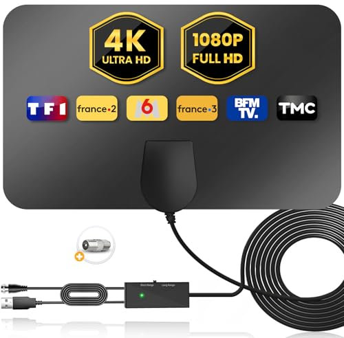 Antenne TV Intérieure 2025 - Numérique Terrestre 4K/1080P HDTV, Amplifiée Puissante DVB-T2 avec Portée 380 km et Câble Coaxial 5 m - Noir