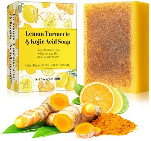 Lemon Turmeric tvål, gurkmeja tvål, blekande tvål, djuprengöring för slät hud, naturlig citrongurkmeja tvål med kojissyra för ansikte och kropp (1 styck)
