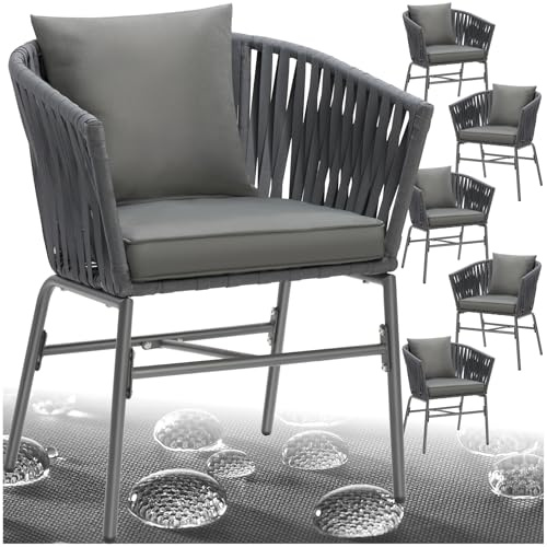 tectake® Lot de 6 Fauteuil Salon Chaise de Jardin avec Accoudoirs pour Salon de Jardin Exterieur ou Intérieur en Acier laqué, Coussins Inclus Mobilier Amenagement Balcon Terrasse