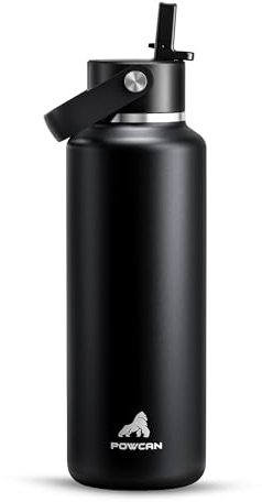 POWCAN 18oz Stainless Steel Slim Water Bottle: Sweatproof, Flex Cap, Lightweight, Standard Mouth, Top Handle, Vacuum Insulated Flask with straw for Office, Adults, Commute, Workouts (Midnight Black)
