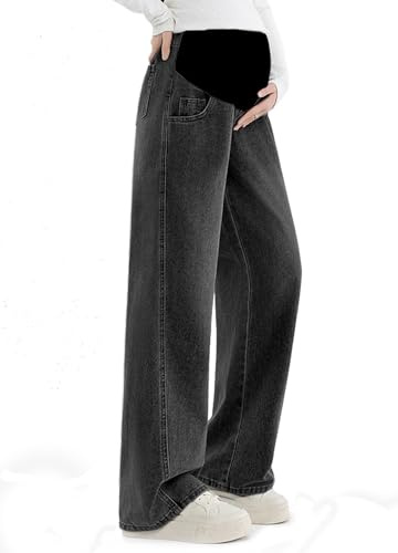 Alled Vaqueros Maternidad sobre el Vientre, Mujeres Premamá Pierna Ancha Pantalones de Cintura Ajustables Elásticos, Jeans de Maternidad Sueltos con Bolsillos