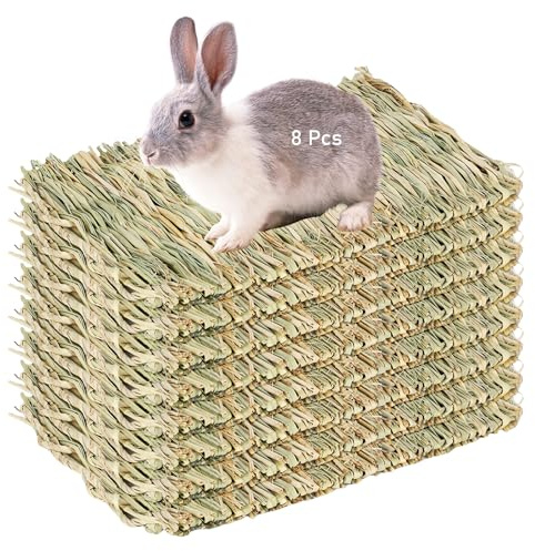 GBKDQQ 8 alfombrillas de hierba para animales pequeños, 28 x 20 cm, alfombra de hierba, cama de conejo, natural, seguro y comestible, juguete para masticar animales para cobayas, conejos, hámsteres