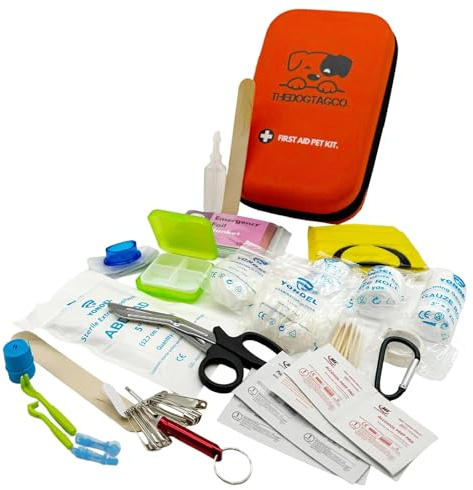 TheDogTagCo Kit de primeros auxilios para perros, más de 40 suministros de salud, compacto y portátil, prepárate para cualquier emergencia de mascotas V2