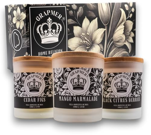 GRAPMER Set Velas Aromáticas 3x140 gr | Cera Natural de Soja con Tapa de Madera | Velas Aromáticas en Frasco y Regalo Original para Hogar