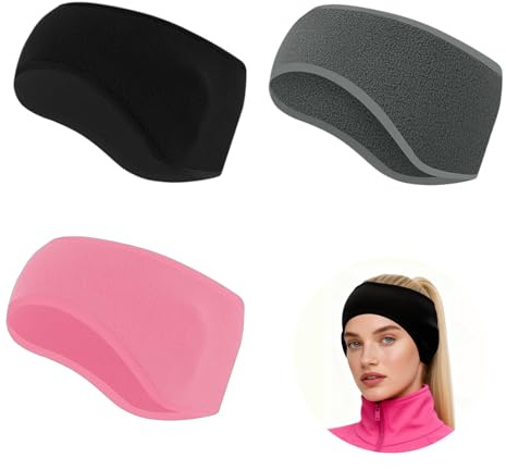 Cyberwork 3 Pièces Bandeau Cache Oreille Hiver, Bandeau cheveux femme & bandeau cheveux homme, Chaud Doux Extensible coupe-vent bandeau sport femme running vélo ski (Noir/Gris/Rose)