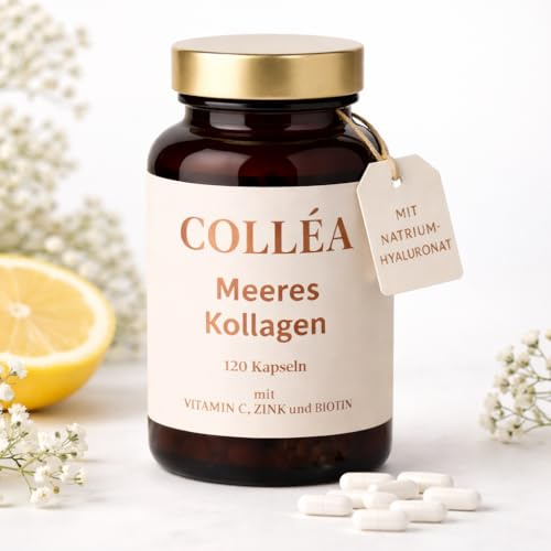 COLLÉA Meeres Kollagen Kapseln [120 Kapseln] mit Hyaluron, VitaminC, Zink, Biotin Collagen Kapseln für schöne Haut, Haare und Nägel Marine Kollagen Kollagenpulver Peptide I und III