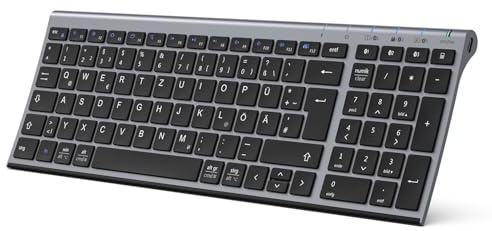 iClever Bluetooth-tangentbord, trådlöst Bluetooth-tangentbord med flera enheter med 3 Bluetooth-kanaler, trådlöst tangentbord uppladdningsbart, för Windows PC/Chrome/Mac – tysk QWERTZ-layout