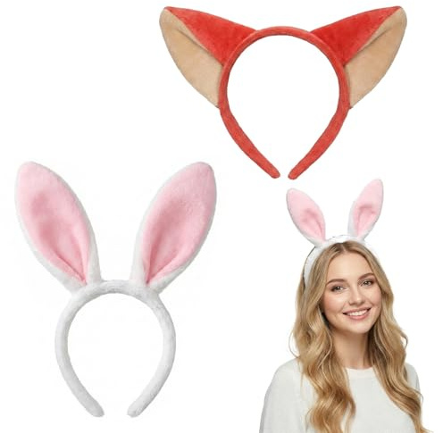 JYXNU 2 Piezas Diadema con Orejas de Conejo y Orejas de Zorro en Peluche para Niños y Adultos Accesorio de Disfraz de Pascua Carnaval Cosplay Fiesta Infantil Decoración Pelo