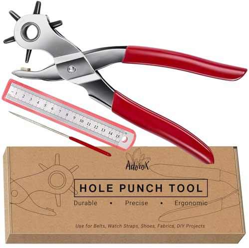 Adorox Heavy Duty Belt Hole Puncher for Leather – 6 Size Revolving Leather Hole Punch Tool with Ruler & Deburring File, Perfect for Straps, Belts, DIY Leathercraft, and Repair