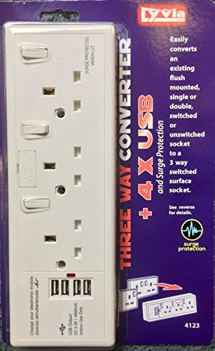 13A 3 Gang wall socket convertor with 4 USB charging ports and surge protection. Simply convert an existing double or single wall socket with this and give yourself more power options