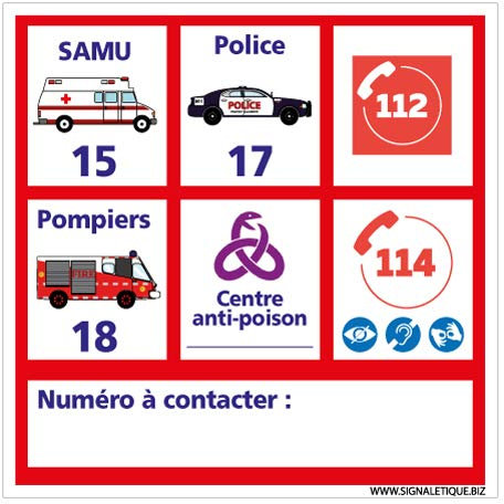 Adhésif Les Numéros d'Urgence à Personnaliser- Dimensions 125 x 125 mm - Protection Anti-UV