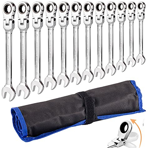 Qnkaa Flexible Ratchet Wrench Set 12pcs 8-19mm Spanner Gear Ring Ratcheting Combination Flexi Wrench Kit Metric Flex Head