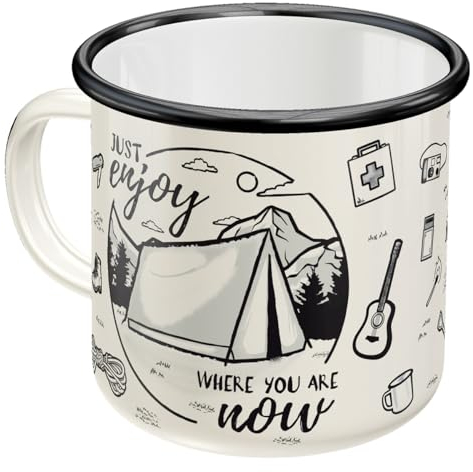 Nostalgic-Art Retro Emaille-Tasse, 360 ml, Enjoy Where You Are Now – Geschenk-Idee für Camping-Fans, Camping-Becher, Vintage Design