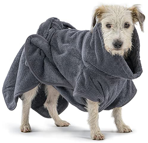 Mount Swiss Hunde Bademantel aus 100% Coresoft Baumwolle I extrem saugfähig und weich I Hunde Handtuch für Haustiere - Farbe grau - Größe XS/S