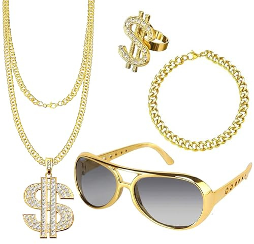 JOKILY 4 stycken guldkedja, halljacka kostym, 80-tals 90-tals outfit, herr hip hop kostym, gyllene dollar kedja ring, solglasögon, karneval temafest foto rekvisita