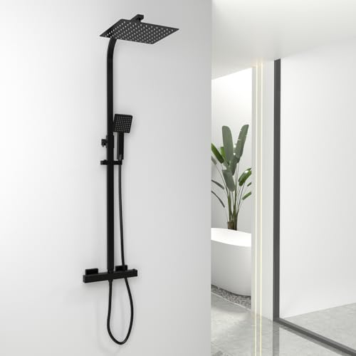 Rainfall Black Shower System with Thermostatic Mixer Valve, 250mm Square Overhead Shower Head, Handheld Shower Head, 1.5M Hose